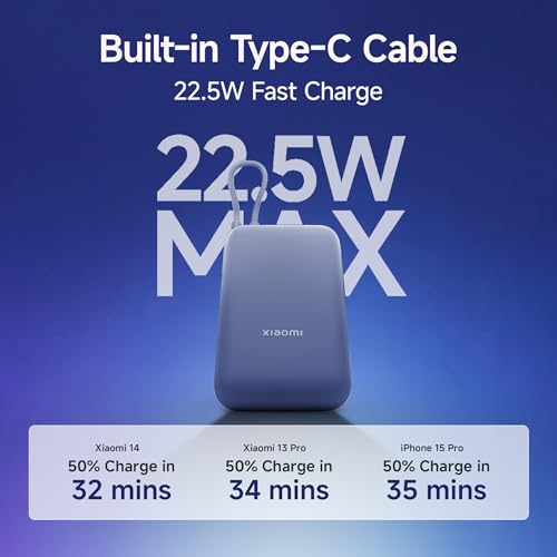 Xiaomi Pocket Power Bank 10000mAh 22.5W with Built-in Cable | Super Fast Charging PD |Smart 12 Layer Protection|Triple Output Ports|Supports Android,Apple, Tablets, Earbuds,Watch(MI Powerbank),Blue