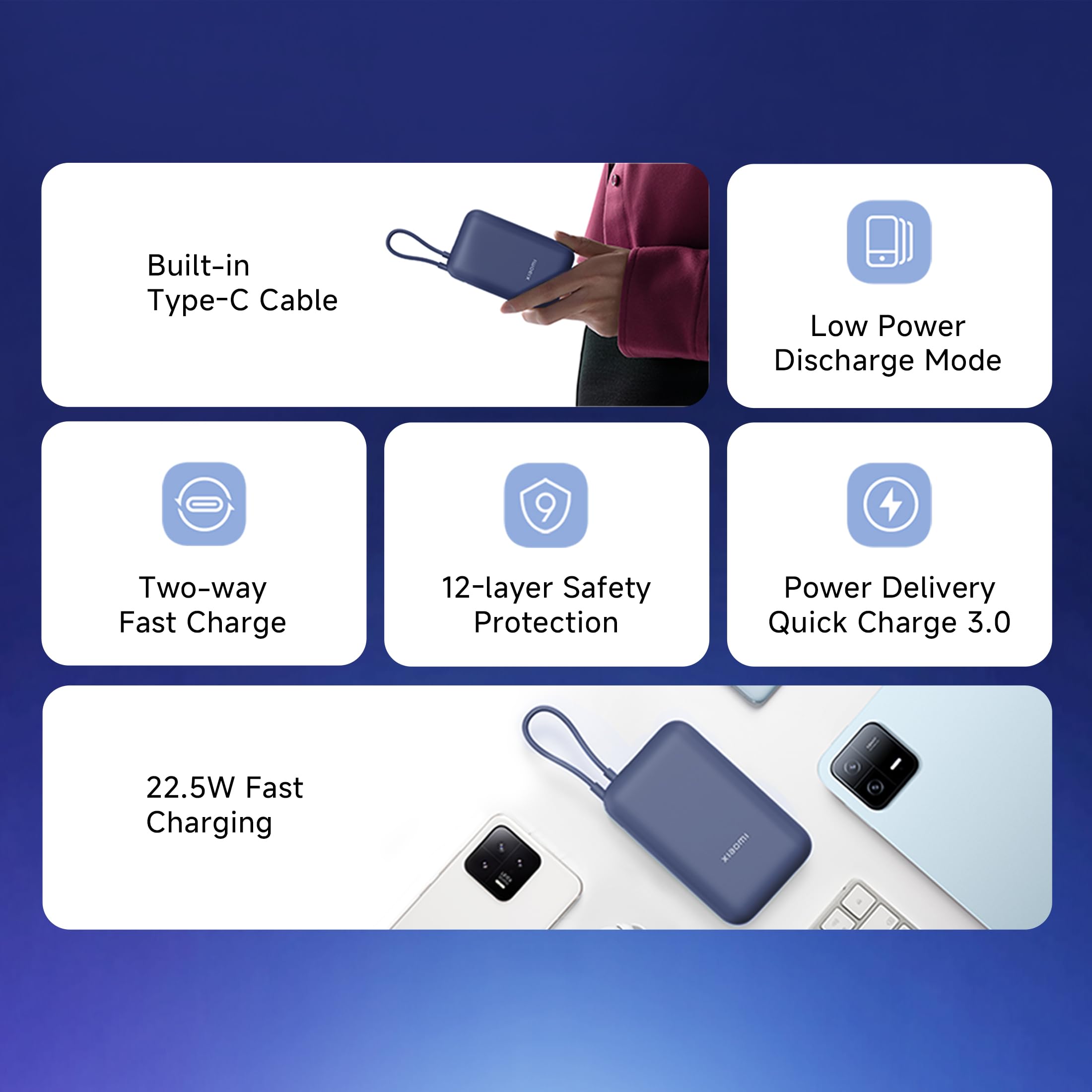 Xiaomi Pocket Power Bank 10000mAh 22.5W with Built-in Cable | Super Fast Charging PD |Smart 12 Layer Protection|Triple Output Ports|Supports Android,Apple, Tablets, Earbuds,Watch(MI Powerbank),Blue