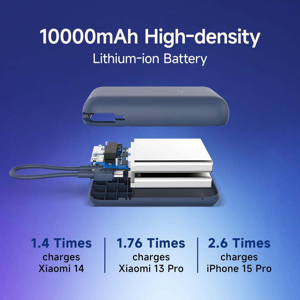 Xiaomi Pocket Power Bank 10000mAh 22.5W with Built-in Cable | Super Fast Charging PD |Smart 12 Layer Protection|Triple Output Ports|Supports Android,Apple, Tablets, Earbuds,Watch(MI Powerbank),Blue