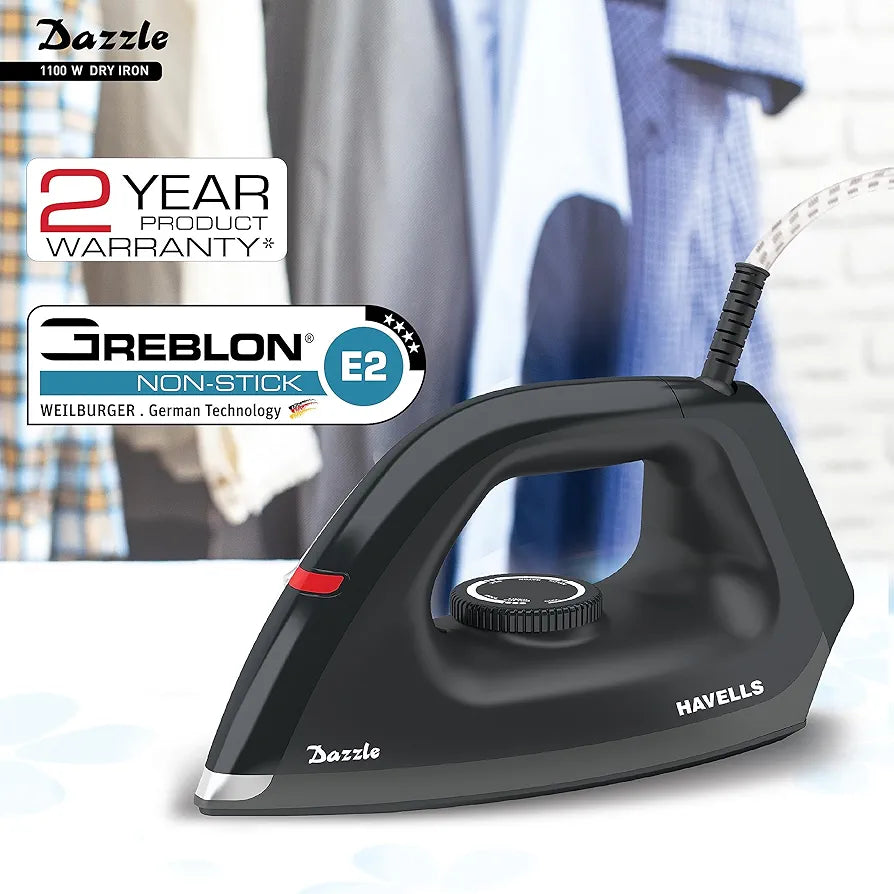 Havells Dry Iron Dazzle 1100 Watts, Iron Press, Greblon Non Sick Soleplate with German Technology| Shock Proof Body| Aerodynamic Design, 360° Swivel Cord|2 Years Door Step Warranty by Havells 