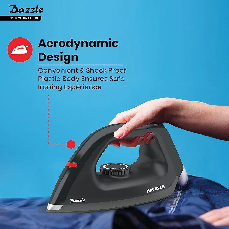 Havells Dry Iron Dazzle 1100 Watts, Iron Press, Greblon Non Sick Soleplate with German Technology| Shock Proof Body| Aerodynamic Design, 360° Swivel Cord|2 Years Door Step Warranty by Havells 