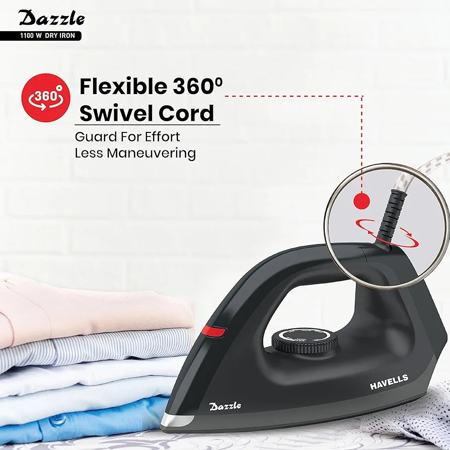Havells Dry Iron Dazzle 1100 Watts, Iron Press, Greblon Non Sick Soleplate with German Technology| Shock Proof Body| Aerodynamic Design, 360° Swivel Cord|2 Years Door Step Warranty by Havells 
