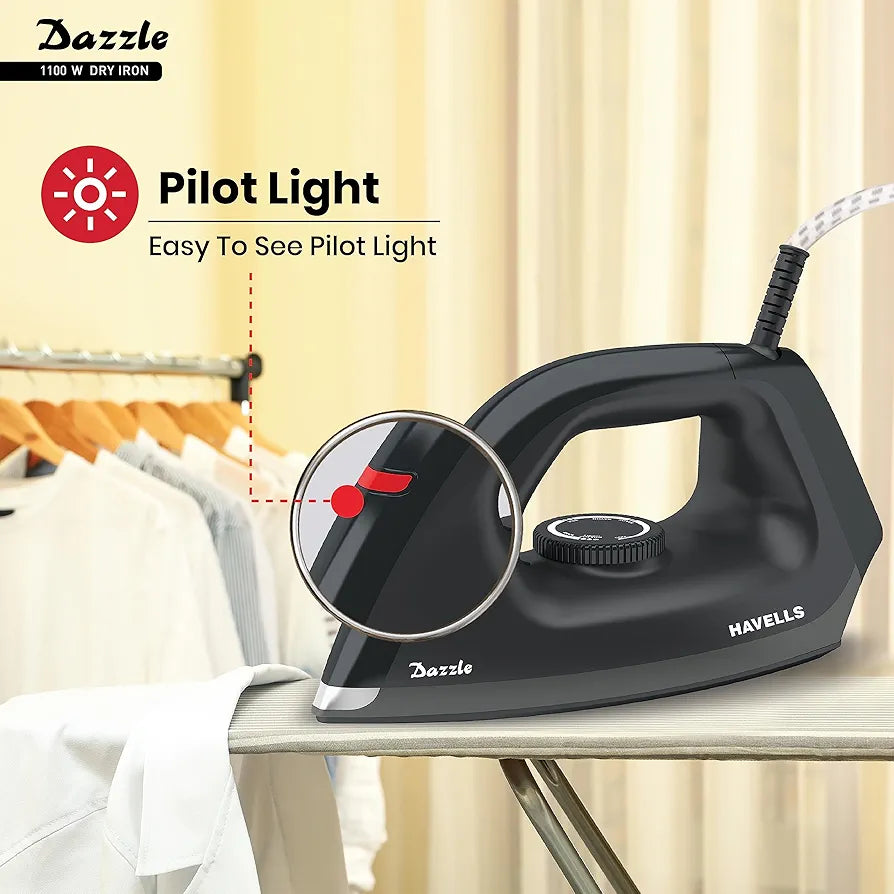 Havells Dry Iron Dazzle 1100 Watts, Iron Press, Greblon Non Sick Soleplate with German Technology| Shock Proof Body| Aerodynamic Design, 360° Swivel Cord|2 Years Door Step Warranty by Havells 
