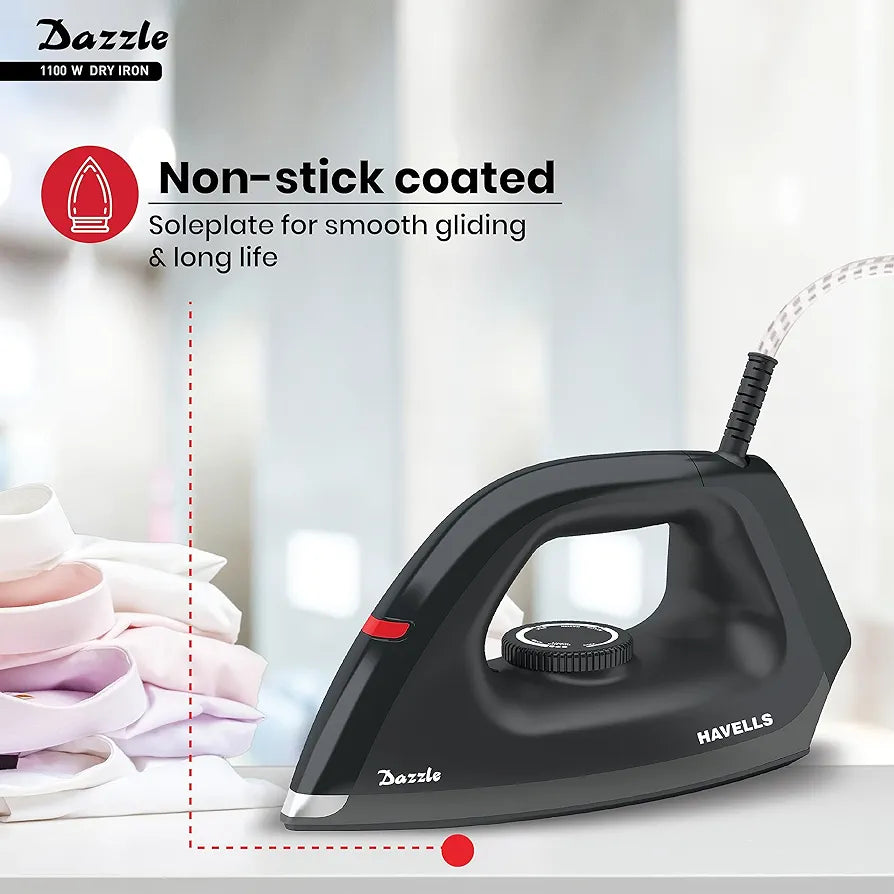 Havells Dry Iron Dazzle 1100 Watts, Iron Press, Greblon Non Sick Soleplate with German Technology| Shock Proof Body| Aerodynamic Design, 360° Swivel Cord|2 Years Door Step Warranty by Havells 